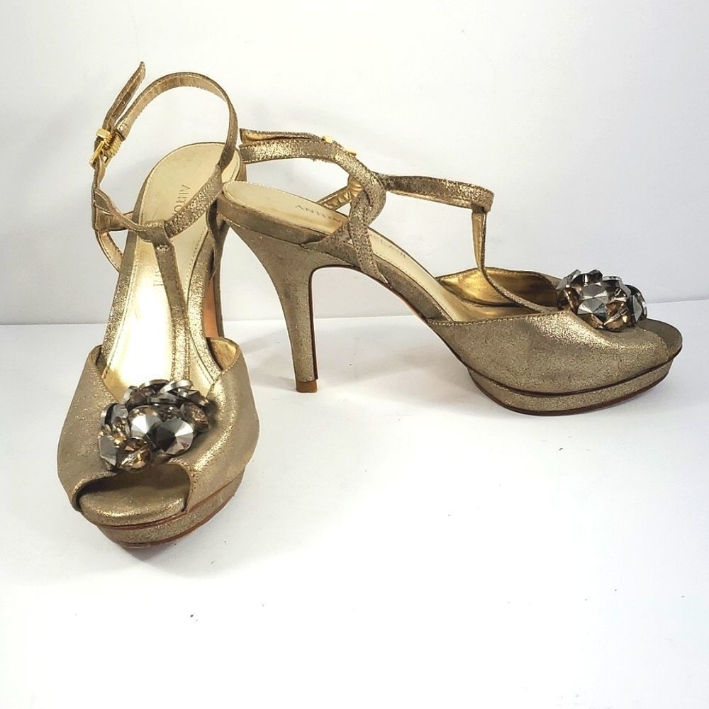 Antonio Melani Gold Platform T-Bar Peep Slingbacks Big Jewels Women’s 7.…